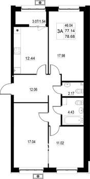 3-к квартира, строящийся дом, 79м2, 2/15 этаж