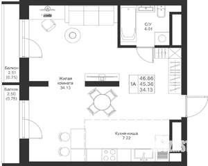 1-к квартира, вторичка, 47м2, 10/25 этаж