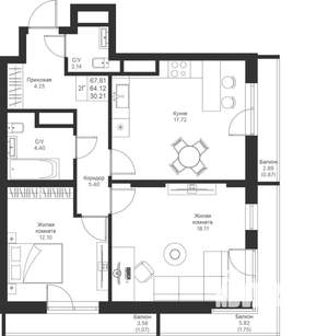2-к квартира, вторичка, 68м2, 24/25 этаж