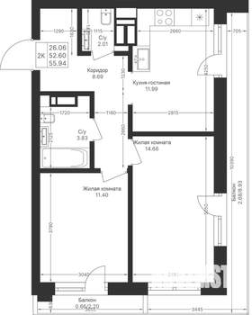 2-к квартира, вторичка, 56м2, 5/10 этаж