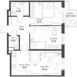 3-к квартира, строящийся дом, 61м2, 6/8 этаж