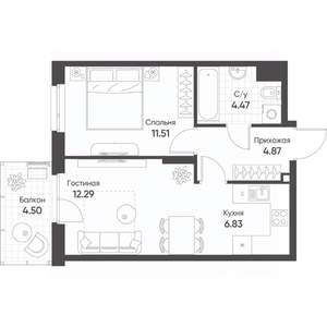 2-к квартира, строящийся дом, 41м2, 14/20 этаж