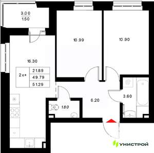 2-к квартира, вторичка, 51м2, 11/22 этаж