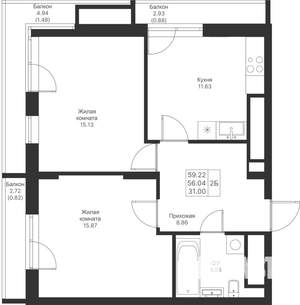 2-к квартира, вторичка, 59м2, 23/25 этаж