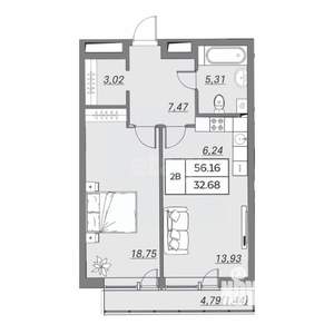 2-к квартира, вторичка, 56м2, 9/10 этаж