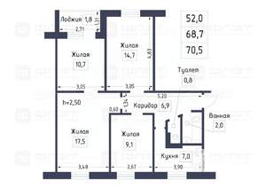 4-к квартира, вторичка, 69м2, 4/9 этаж