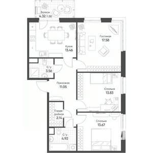 3-к квартира, строящийся дом, 82м2, 12/18 этаж
