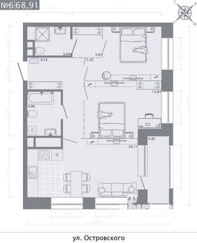 2-к квартира, строящийся дом, 69м2, 2/8 этаж