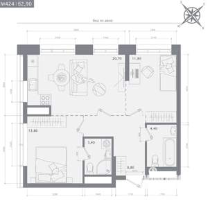 2-к квартира, строящийся дом, 63м2, 11/23 этаж