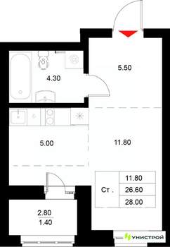 1-к квартира, вторичка, 28м2, 9/22 этаж