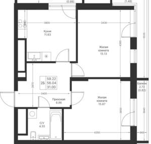2-к квартира, вторичка, 59м2, 20/25 этаж