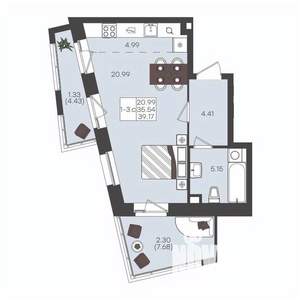 1-к квартира, вторичка, 39м2, 7/22 этаж
