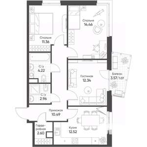 3-к квартира, строящийся дом, 72м2, 16/17 этаж