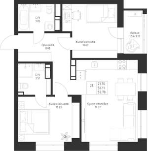 2-к квартира, вторичка, 58м2, 3/23 этаж