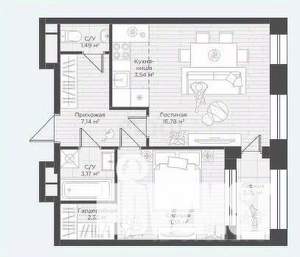 1-к квартира, вторичка, 42м2, 9/24 этаж