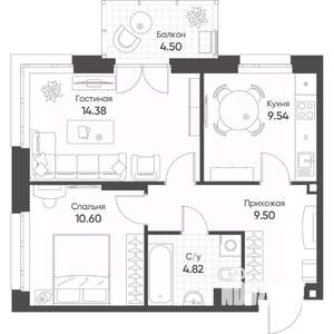 2-к квартира, вторичка, 50м2, 19/19 этаж