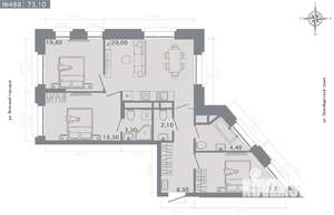 3-к квартира, строящийся дом, 73м2, 14/25 этаж