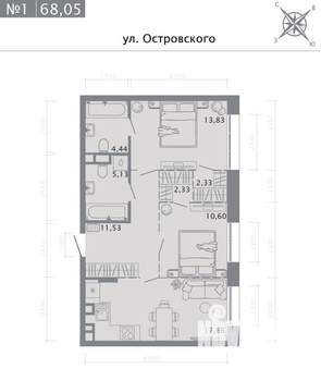 2-к квартира, строящийся дом, 68м2, 2/8 этаж