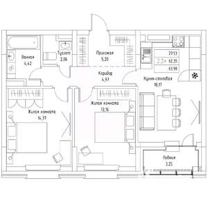 2-к квартира, вторичка, 64м2, 6/9 этаж