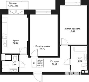 2-к квартира, вторичка, 60м2, 4/5 этаж