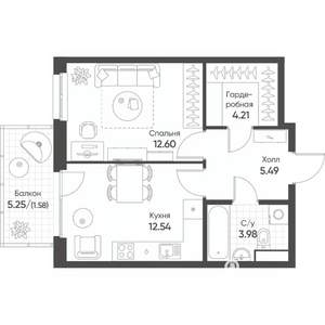 1-к квартира, строящийся дом, 40м2, 8/8 этаж