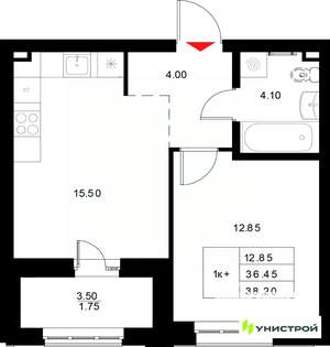 1-к квартира, вторичка, 38м2, 6/22 этаж