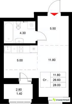 1-к квартира, вторичка, 28м2, 14/22 этаж