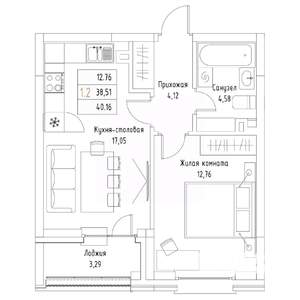 1-к квартира, вторичка, 40м2, 1/9 этаж