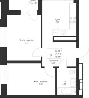 2-к квартира, вторичка, 46м2, 12/23 этаж