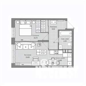 2-к квартира, вторичка, 47м2, 2/19 этаж