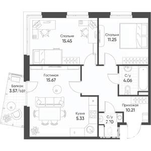3-к квартира, строящийся дом, 65м2, 13/17 этаж