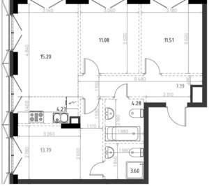 3-к квартира, строящийся дом, 71м2, 13/15 этаж