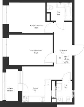 2-к квартира, вторичка, 52м2, 10/23 этаж