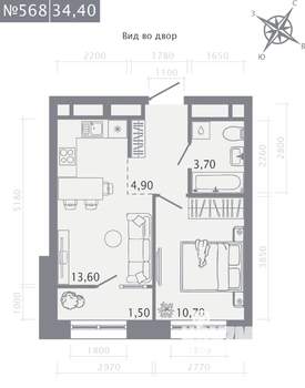 1-к квартира, строящийся дом, 34м2, 11/23 этаж