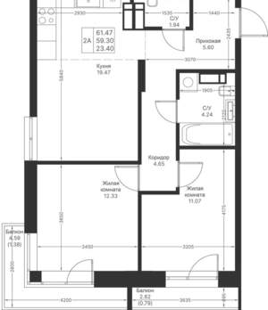 2-к квартира, вторичка, 61м2, 9/24 этаж