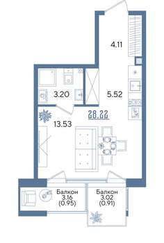 Студия квартира, строящийся дом, 28м2, 3/13 этаж