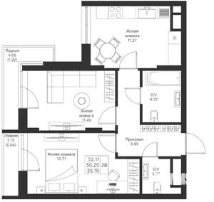 2-к квартира, вторичка, 52м2, 11/25 этаж