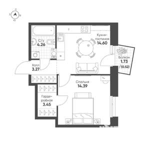 1-к квартира, строящийся дом, 41м2, 3/19 этаж