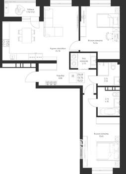 2-к квартира, вторичка, 76м2, 2/23 этаж