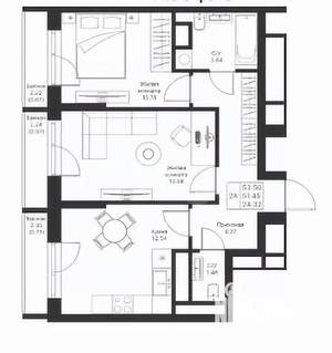 2-к квартира, строящийся дом, 54м2, 12/26 этаж