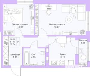 2-к квартира, вторичка, 53м2, 16/25 этаж