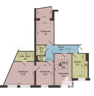 4-к квартира, вторичка, 97м2, 8/9 этаж