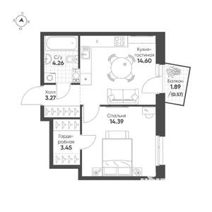 1-к квартира, строящийся дом, 41м2, 7/19 этаж