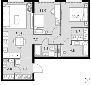 2-к квартира, вторичка, 66м2, 7/20 этаж