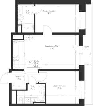2-к квартира, вторичка, 63м2, 8/23 этаж