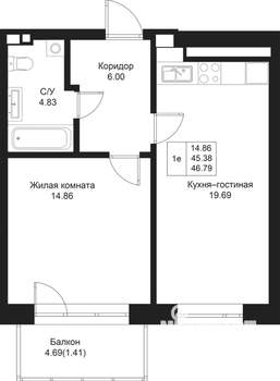 1-к квартира, вторичка, 47м2, 3/5 этаж