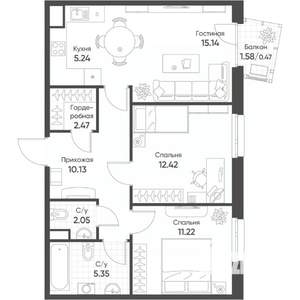 3-к квартира, строящийся дом, 64м2, 13/17 этаж