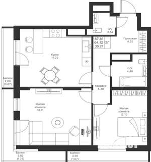 2-к квартира, вторичка, 68м2, 20/24 этаж