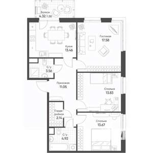 3-к квартира, строящийся дом, 82м2, 13/18 этаж