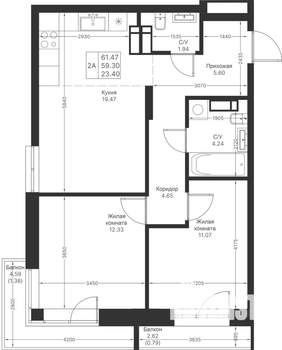 2-к квартира, вторичка, 61м2, 9/25 этаж